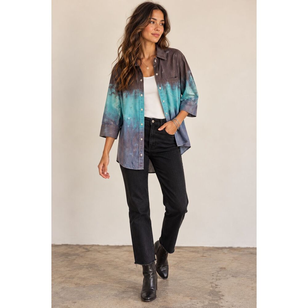 Liverpool Jeans Upcycled Hand Dyed Button Down Shirt Blue Green Gray XS/S